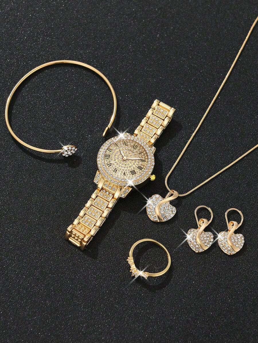 6pcs Ladies Watch Gorgeous Style Women Alloy Steel Band Quartz Watch With Rhinestone Set, Three Eyes Roman And Alloy Gold Earrings Rings Bracelet Necklace Jewelry Set, Heart Point Rhinestone Evening Party Valentines