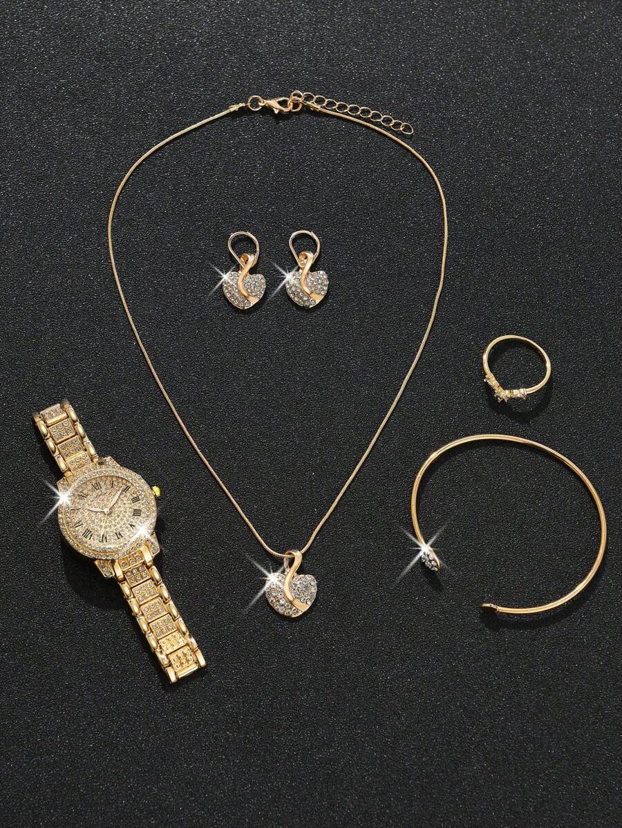 6pcs Ladies Watch Gorgeous Style Women Alloy Steel Band Quartz Watch With Rhinestone Set, Three Eyes Roman And Alloy Gold Earrings Rings Bracelet Necklace Jewelry Set, Heart Point Rhinestone Evening Party Valentines
