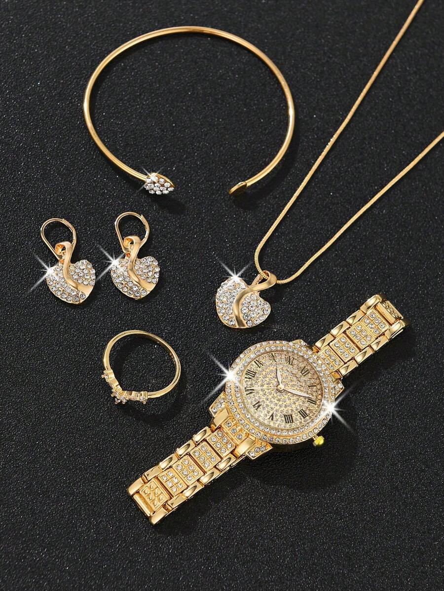 6pcs Ladies Watch Gorgeous Style Women Alloy Steel Band Quartz Watch With Rhinestone Set, Three Eyes Roman And Alloy Gold Earrings Rings Bracelet Necklace Jewelry Set, Heart Point Rhinestone Evening Party Valentines