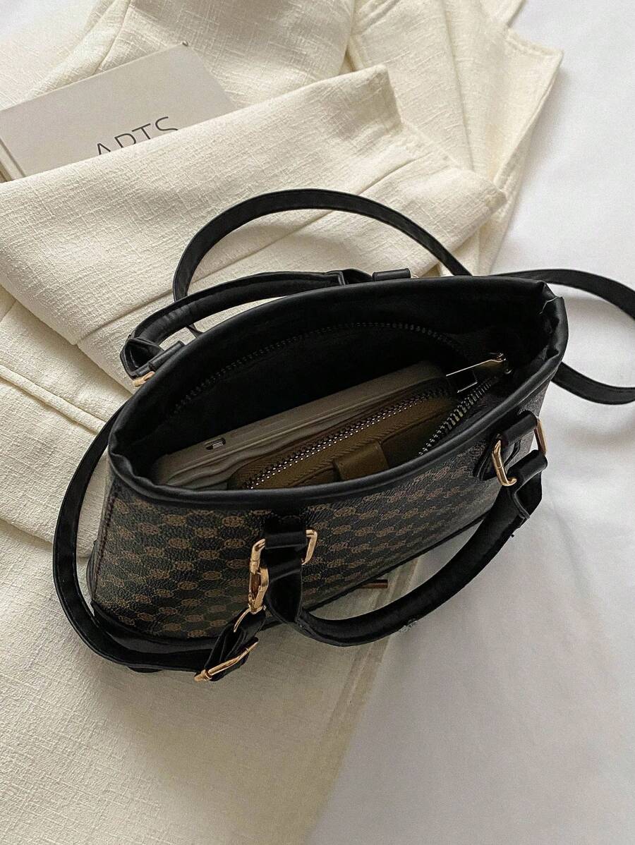 1 Piece Vintage Printed Double Handle Tote Bucket Bag Zipper Opening Shoulder Strap Adjustable Crossbody Bag Suitable For Women's Daily Casual Matching Use
