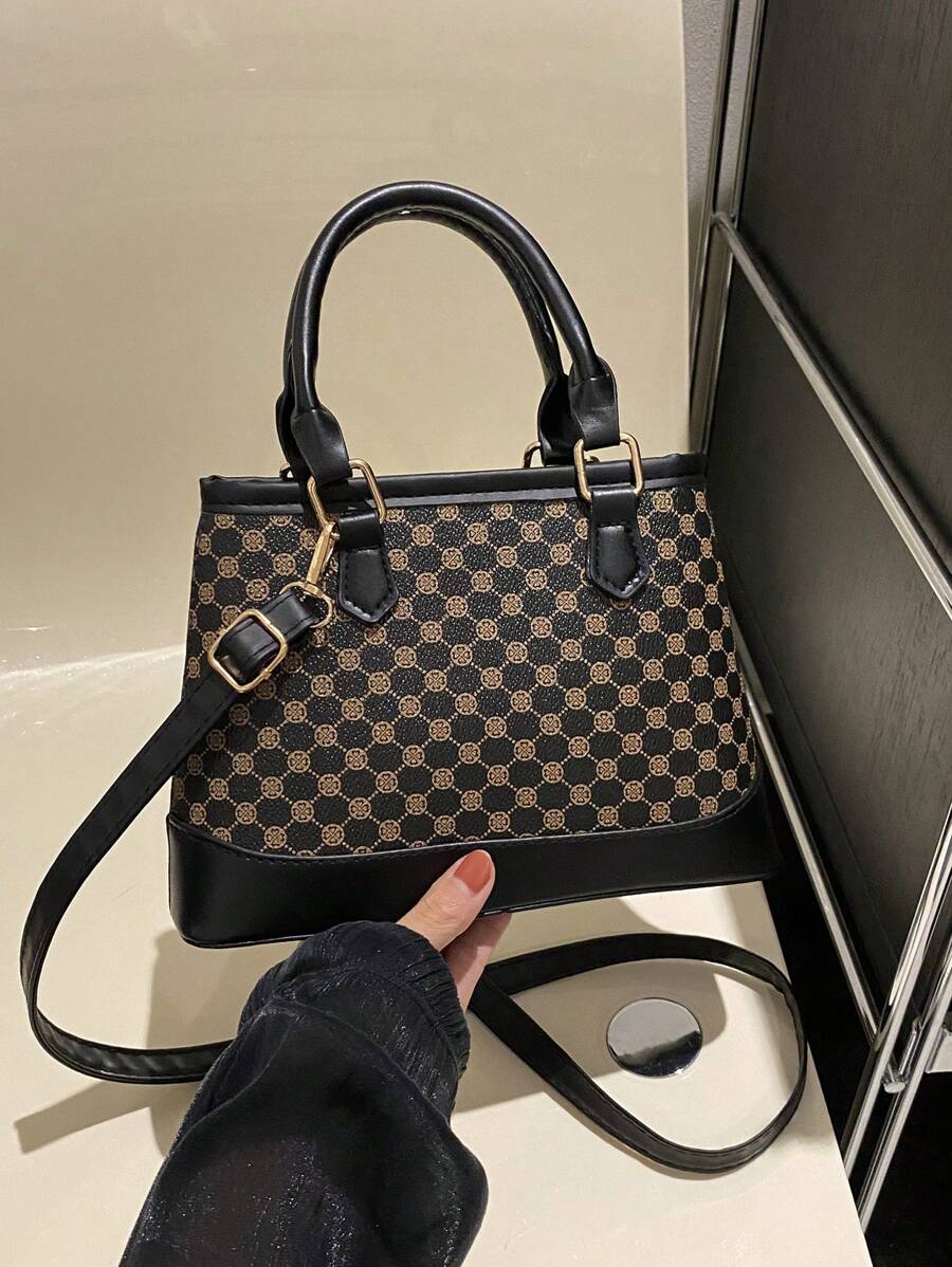 1 Piece Vintage Printed Double Handle Tote Bucket Bag Zipper Opening Shoulder Strap Adjustable Crossbody Bag Suitable For Women's Daily Casual Matching Use