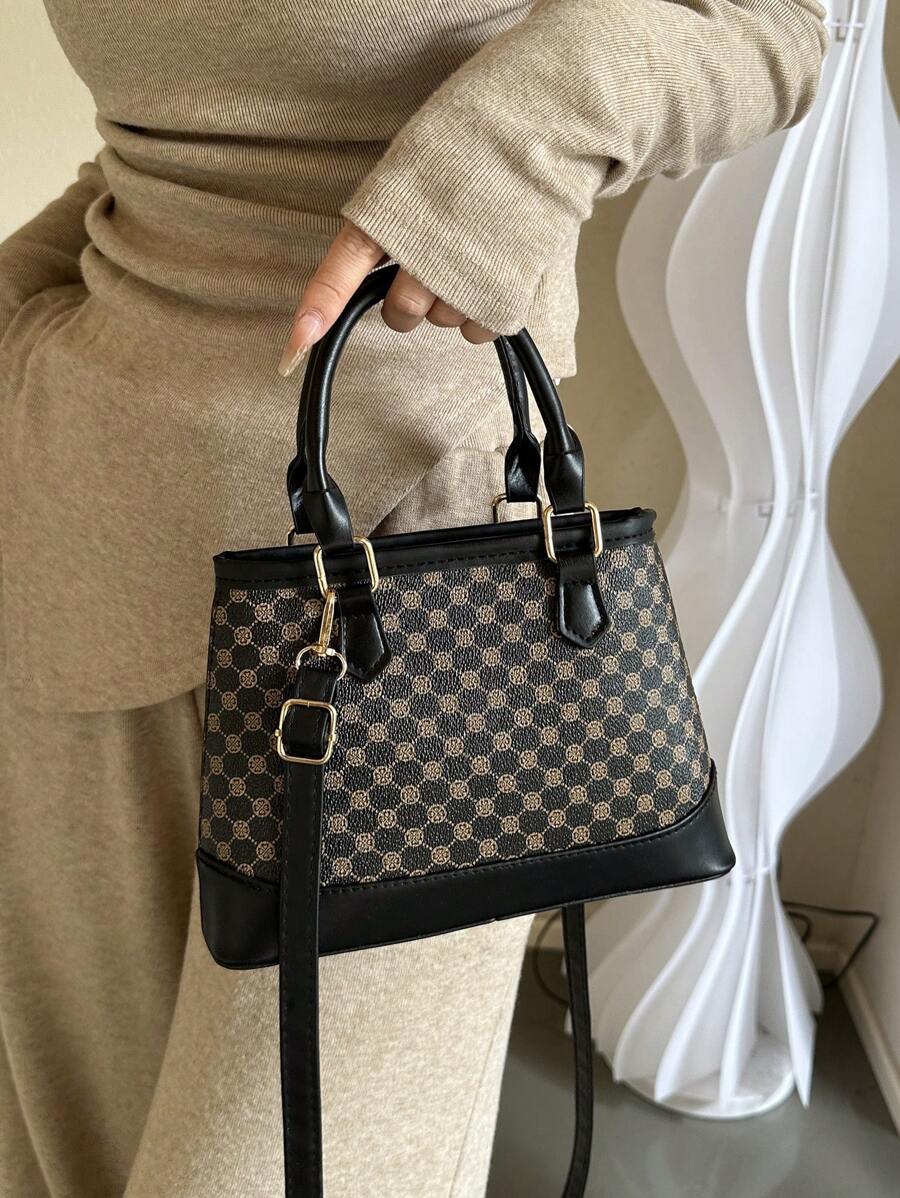 1 Piece Vintage Printed Double Handle Tote Bucket Bag Zipper Opening Shoulder Strap Adjustable Crossbody Bag Suitable For Women's Daily Casual Matching Use