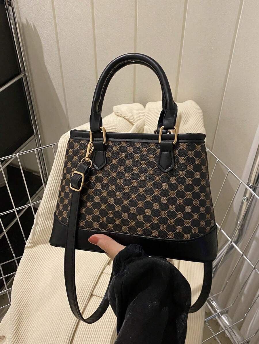 1 Piece Vintage Printed Double Handle Tote Bucket Bag Zipper Opening Shoulder Strap Adjustable Crossbody Bag Suitable For Women's Daily Casual Matching Use
