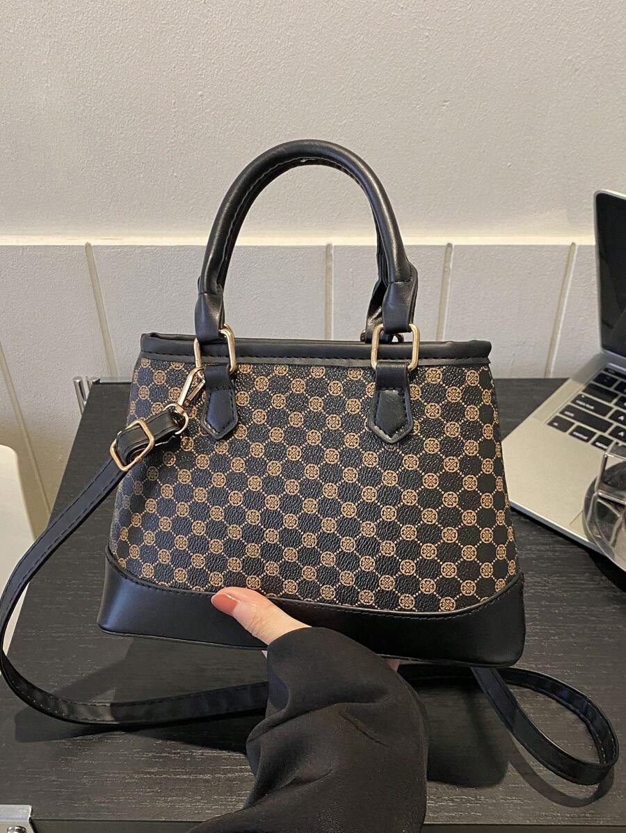 1 Piece Vintage Printed Double Handle Tote Bucket Bag Zipper Opening Shoulder Strap Adjustable Crossbody Bag Suitable For Women's Daily Casual Matching Use
