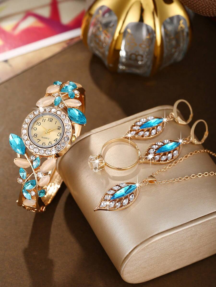 Fashion Watch For Women Personality Watch Strap Women's Quartz Watch Shiny Rhinestone Bracelet Watch + Necklace Rings Earrings As A Gift For Students Returning To School