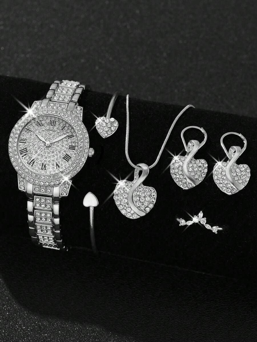 6pcs Gorgeous Style Women's Alloy Steel Band Quartz Watch With Rhinestone Set, Three Eyes Roman And Alloy Gold Jewelry Set, Heart Point Rhinestone Evening Party Valentines