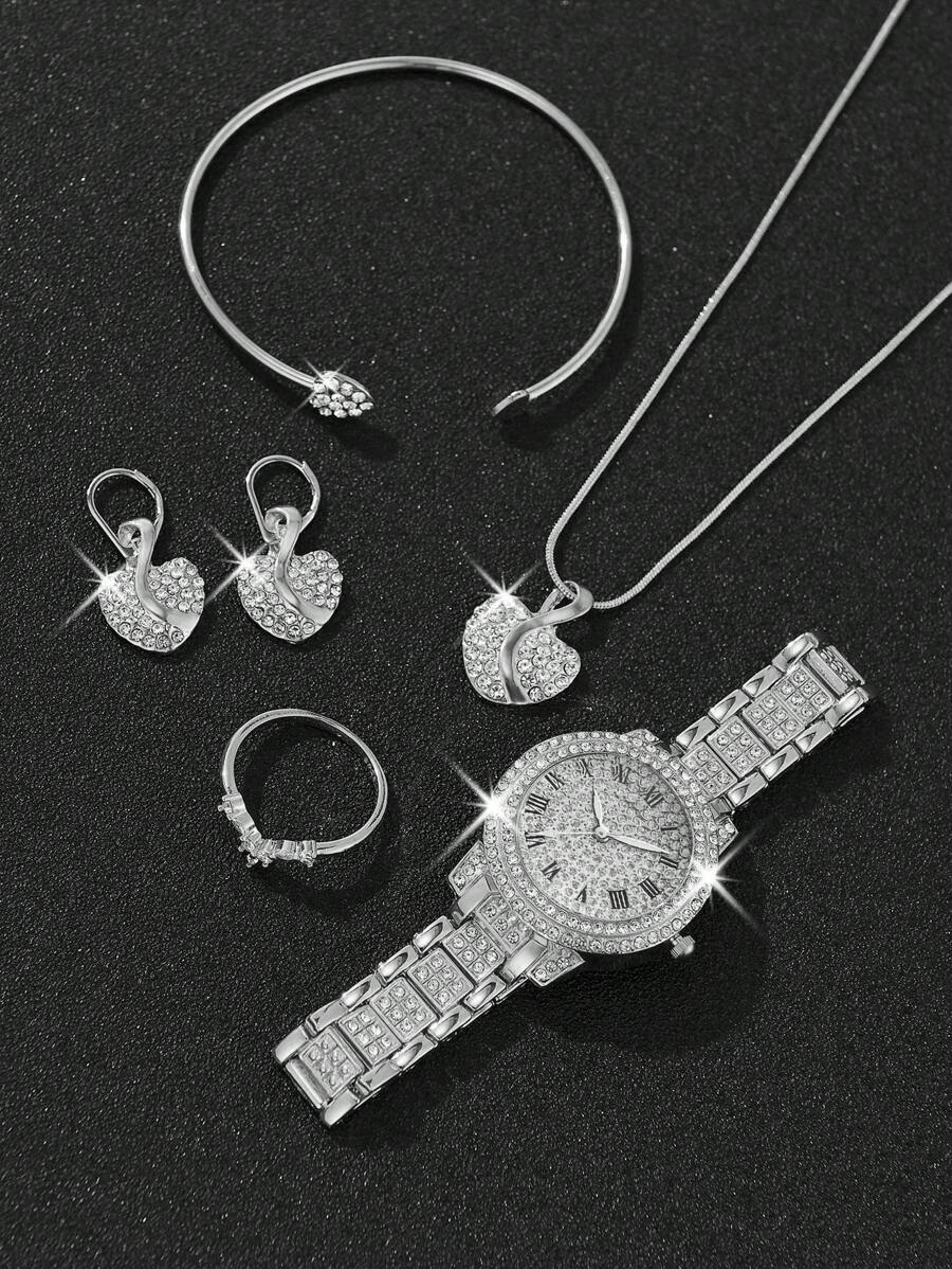 6pcs Gorgeous Style Women's Alloy Steel Band Quartz Watch With Rhinestone Set, Three Eyes Roman And Alloy Gold Jewelry Set, Heart Point Rhinestone Evening Party Valentines
