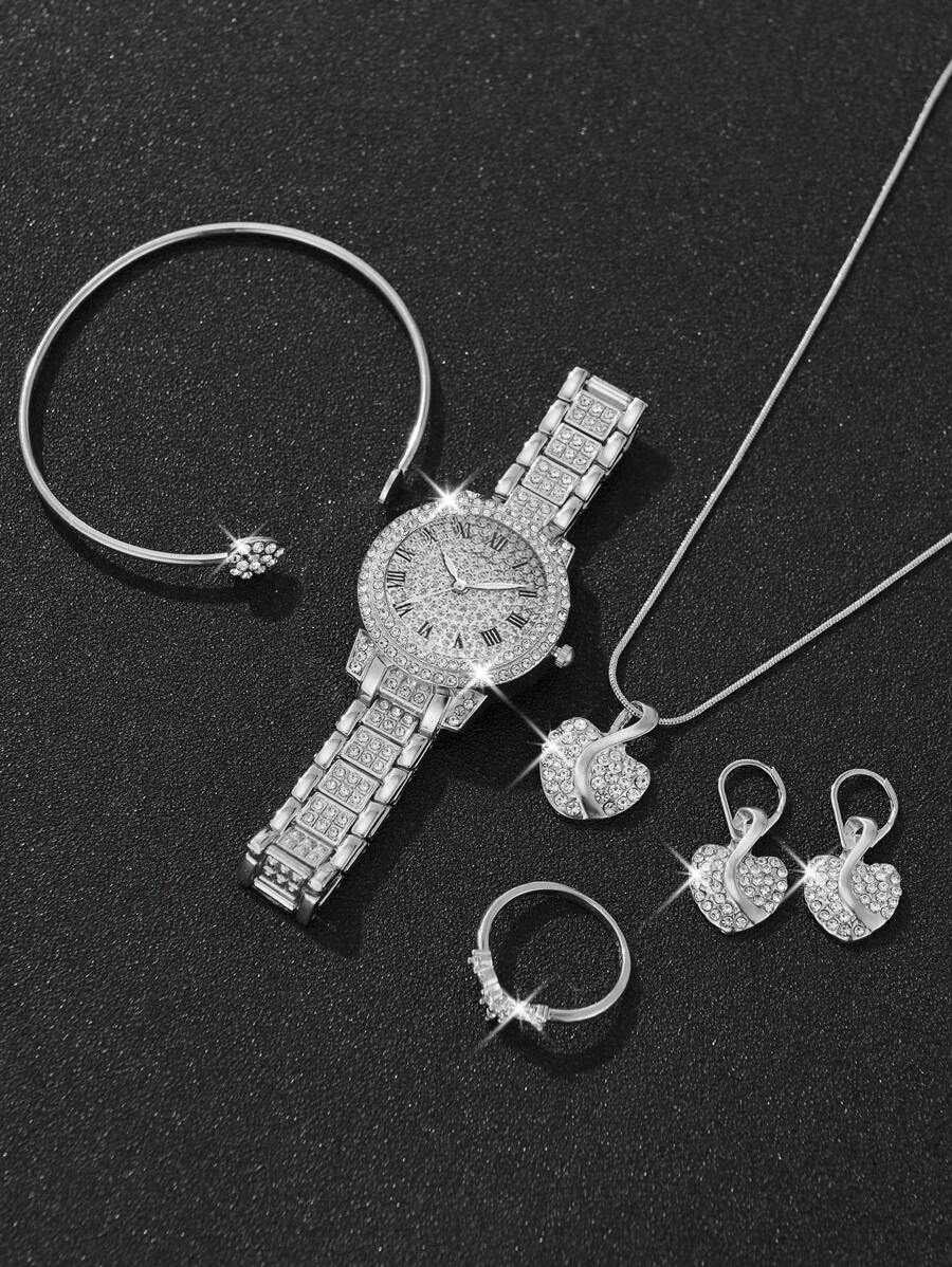 6pcs Gorgeous Style Women's Alloy Steel Band Quartz Watch With Rhinestone Set, Three Eyes Roman And Alloy Gold Jewelry Set, Heart Point Rhinestone Evening Party Valentines