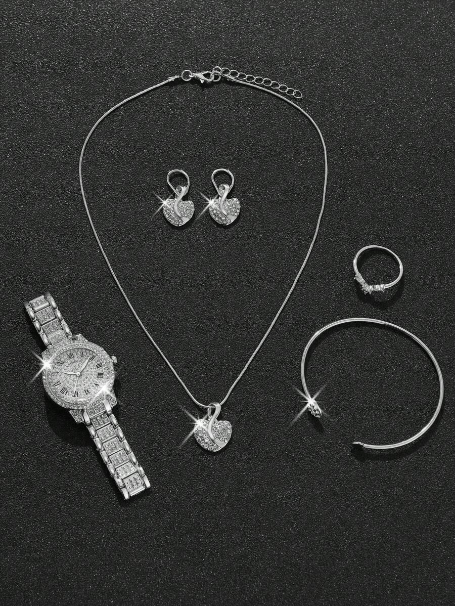 6pcs Gorgeous Style Women's Alloy Steel Band Quartz Watch With Rhinestone Set, Three Eyes Roman And Alloy Gold Jewelry Set, Heart Point Rhinestone Evening Party Valentines