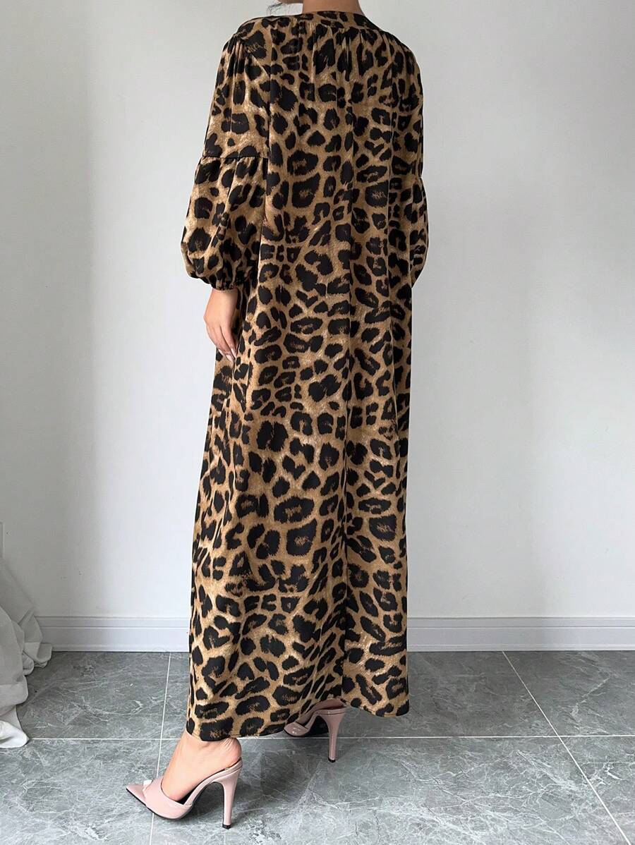 Calvaya Women's Summer Notched V-Neck Leopard Print Lantern Sleeve Long Loose Casual Dress Maxi Women Outfit