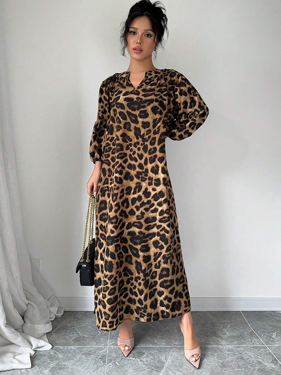 Calvaya Women's Summer Notched V-Neck Leopard Print Lantern Sleeve Long Loose Casual Dress Maxi Women Outfit