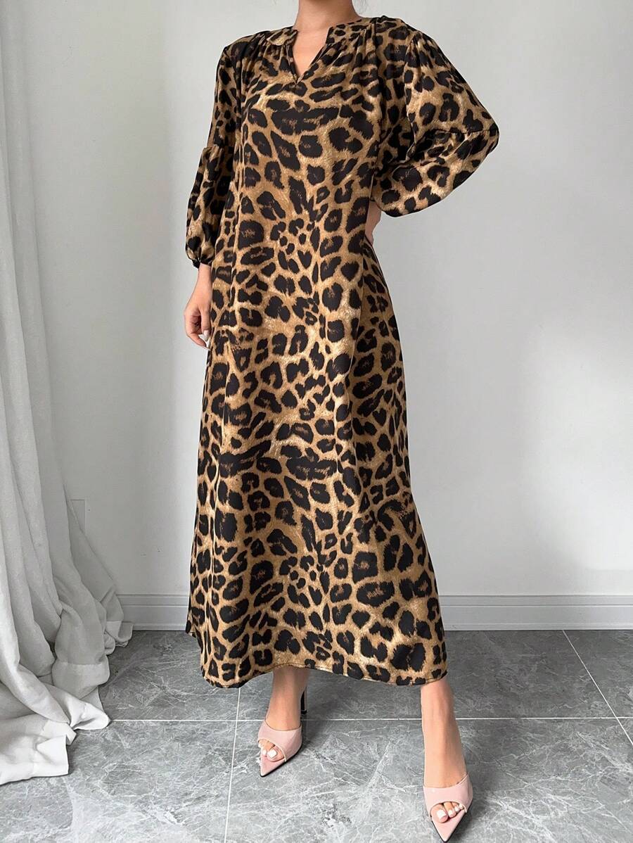 Calvaya Women's Summer Notched V-Neck Leopard Print Lantern Sleeve Long Loose Casual Dress Maxi Women Outfit