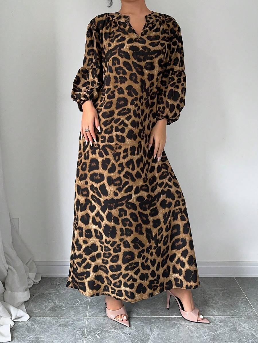 Calvaya Women's Summer Notched V-Neck Leopard Print Lantern Sleeve Long Loose Casual Dress Maxi Women Outfit