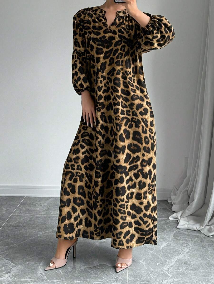 Calvaya Women's Summer Notched V-Neck Leopard Print Lantern Sleeve Long Loose Casual Dress Maxi Women Outfit