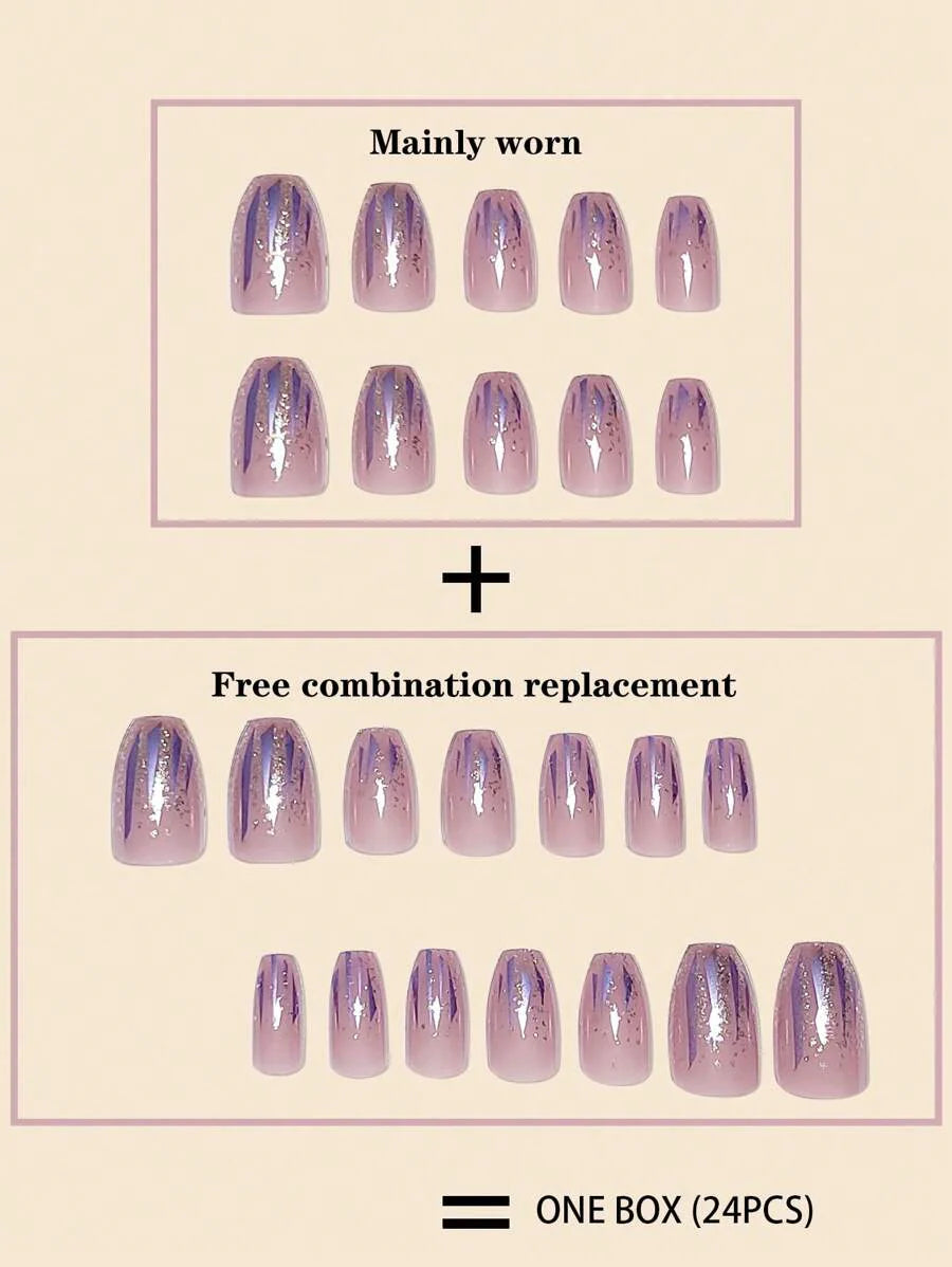 Upgrade Your Look - 24pcs Coffin-Shaped French Sparkly Stars & Stripes Full Cover Wearable False Nails With Jelly Glue & Nail File Set. Suitable For Ladies/Girls To Wear In Parties, Dances, And Various Daily Settings. Press On Nails