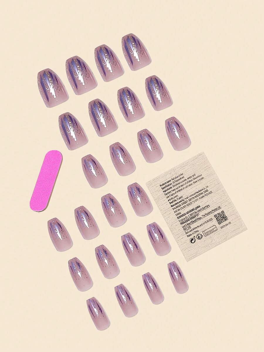 Upgrade Your Look - 24pcs Coffin-Shaped French Sparkly Stars & Stripes Full Cover Wearable False Nails With Jelly Glue & Nail File Set. Suitable For Ladies/Girls To Wear In Parties, Dances, And Various Daily Settings. Press On Nails
