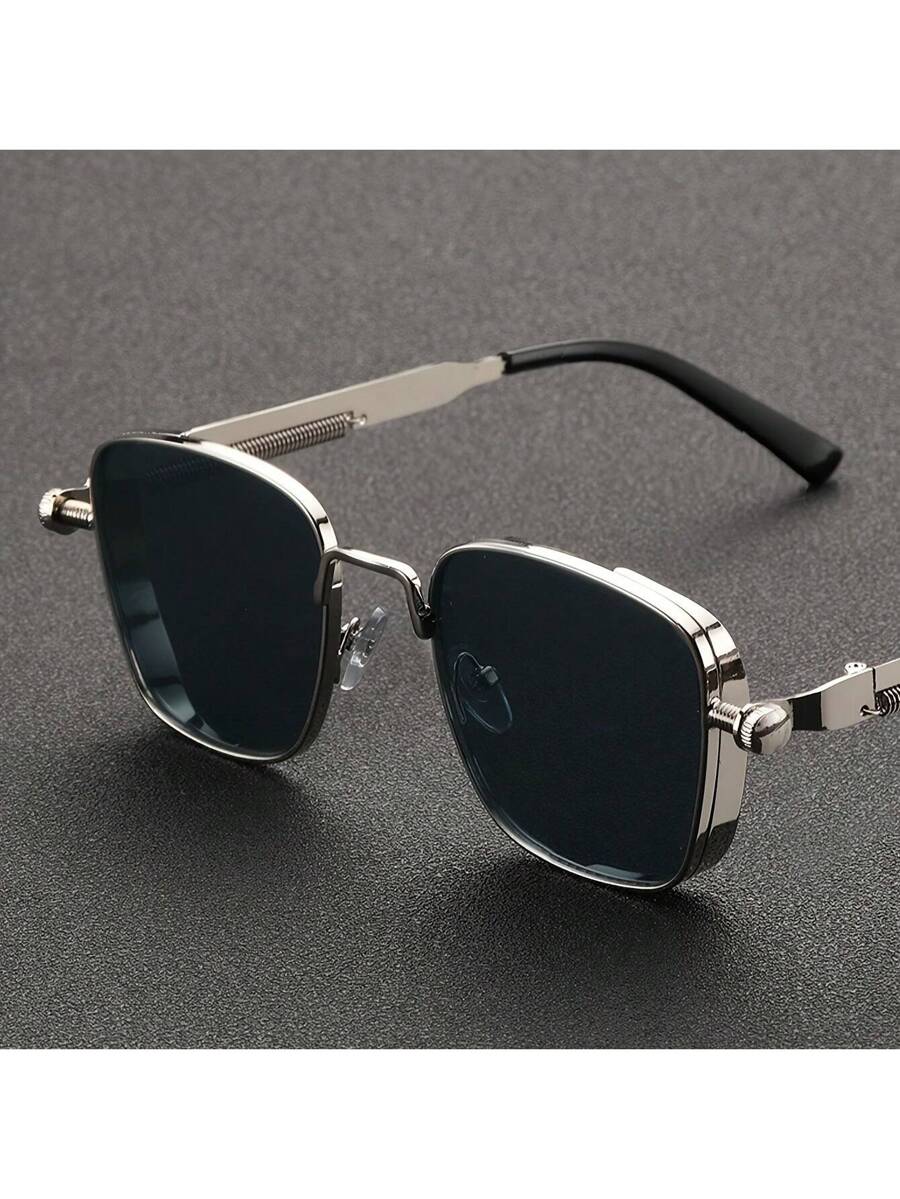 1pc Silver Steampunk Square Metal Frame Glasses - Unique Retro Cool Design, Fashionable, And Stylish - Suitable For Men, Perfect For Outdoor Enthusiasts, Ideal For Sports, Party, Vacation, Travel, Driving, Fishing, And Photography, Great Prop For Photo Sh