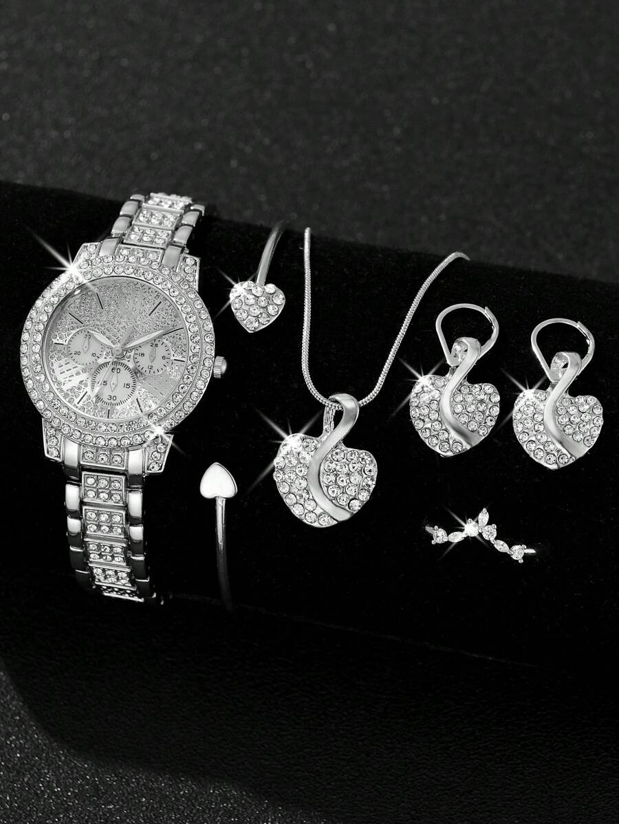 6pcs Gorgeous Style Women's Alloy Steel Band Quartz Watch With Rhinestone Set, Three Eyes Roman And Alloy Gold Jewelry Set, Heart Point Rhinestone Evening Party Valentines