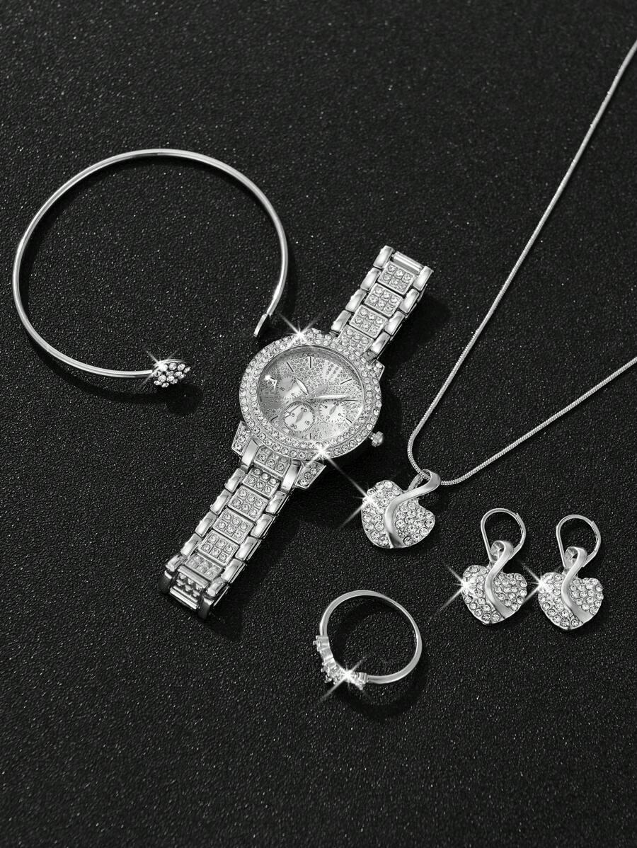 6pcs Gorgeous Style Women's Alloy Steel Band Quartz Watch With Rhinestone Set, Three Eyes Roman And Alloy Gold Jewelry Set, Heart Point Rhinestone Evening Party Valentines