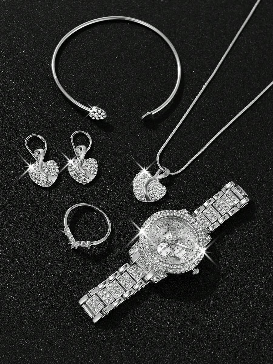 6pcs Gorgeous Style Women's Alloy Steel Band Quartz Watch With Rhinestone Set, Three Eyes Roman And Alloy Gold Jewelry Set, Heart Point Rhinestone Evening Party Valentines