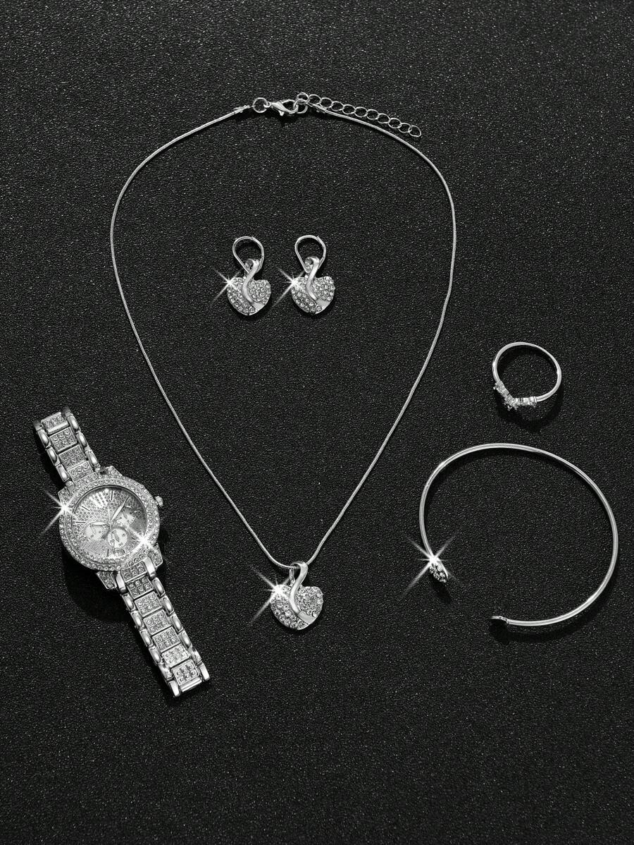 6pcs Gorgeous Style Women's Alloy Steel Band Quartz Watch With Rhinestone Set, Three Eyes Roman And Alloy Gold Jewelry Set, Heart Point Rhinestone Evening Party Valentines