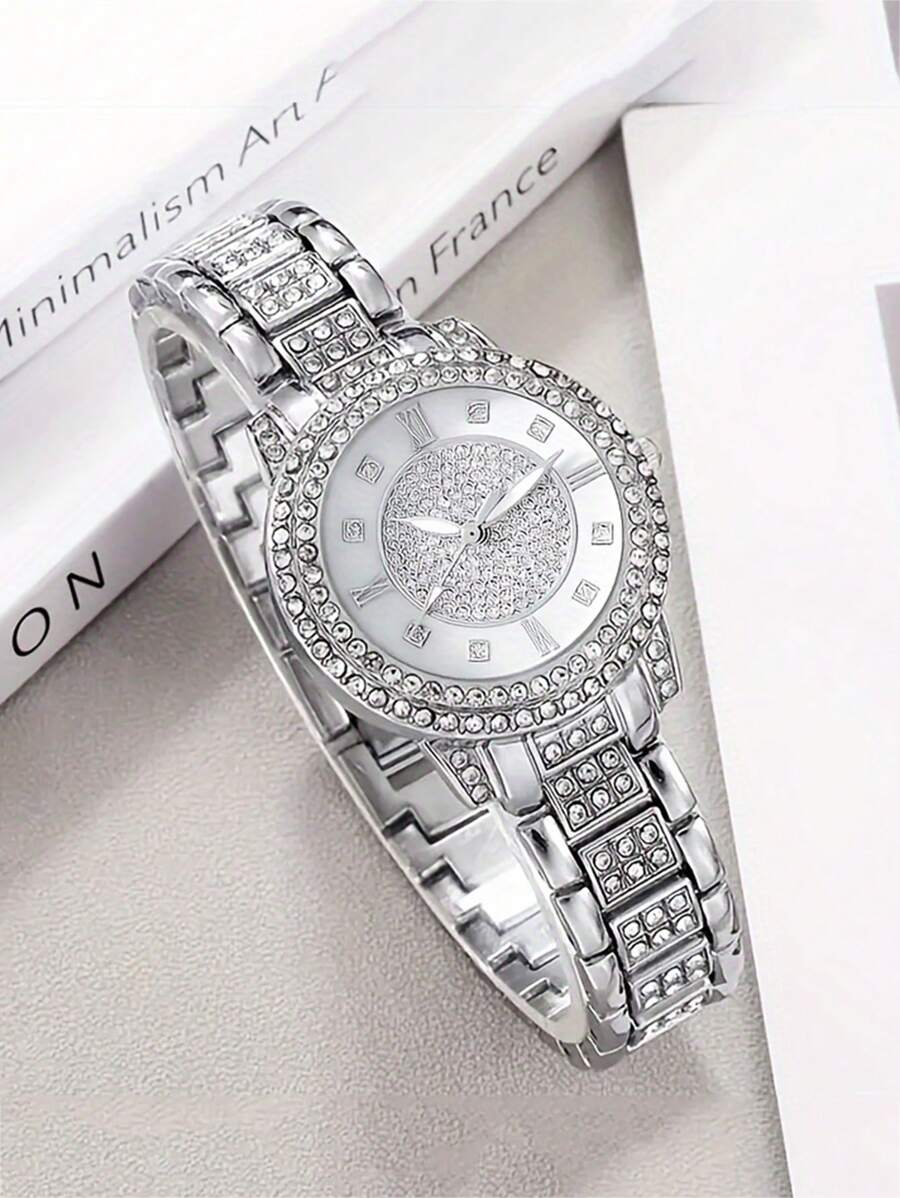 1set Women's Fashion Luxury Watch Set With Bangle, Quartz Watch And 5pcs Rhinestone Accessories