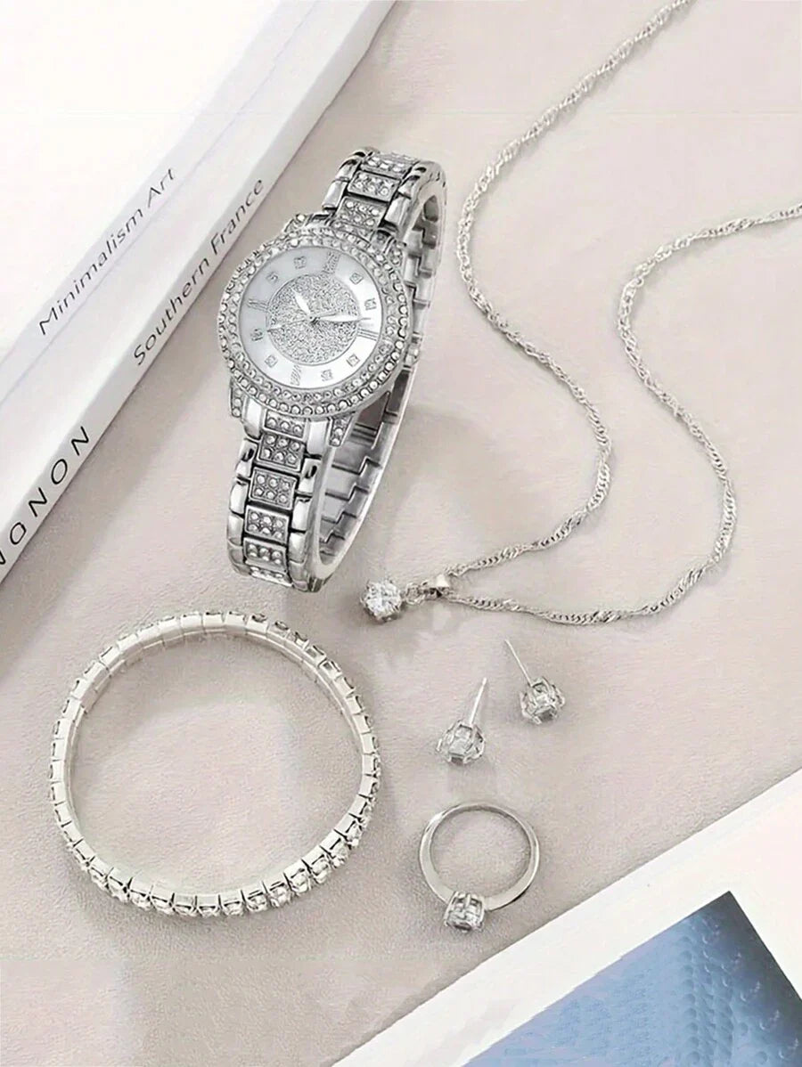 1set Women's Fashion Luxury Watch Set With Bangle, Quartz Watch And 5pcs Rhinestone Accessories