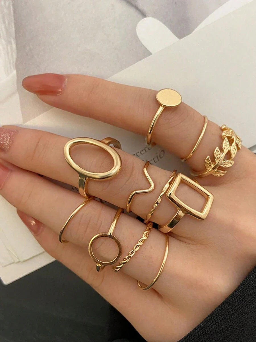 11pcs/Set Geometric Leaf Design Joint Rings Set For Women, Creative Fashion