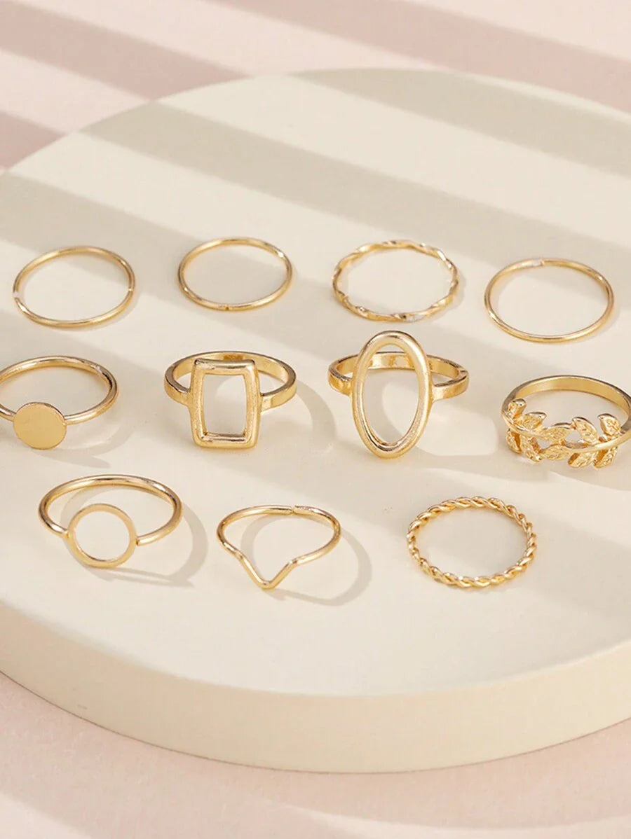 11pcs/Set Geometric Leaf Design Joint Rings Set For Women, Creative Fashion