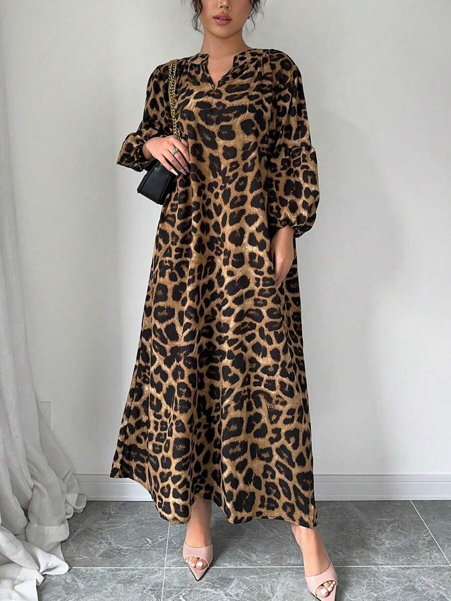 Calvaya Women's Summer Notched V-Neck Leopard Print Lantern Sleeve Long Loose Casual Dress Maxi Women Outfit
