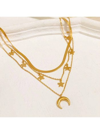 One Three-Layer Stainless Steel Necklace With Star And Moon Pendant, Suitable For Daily Wear And Also Perfect For Show Your Unique Personal Style