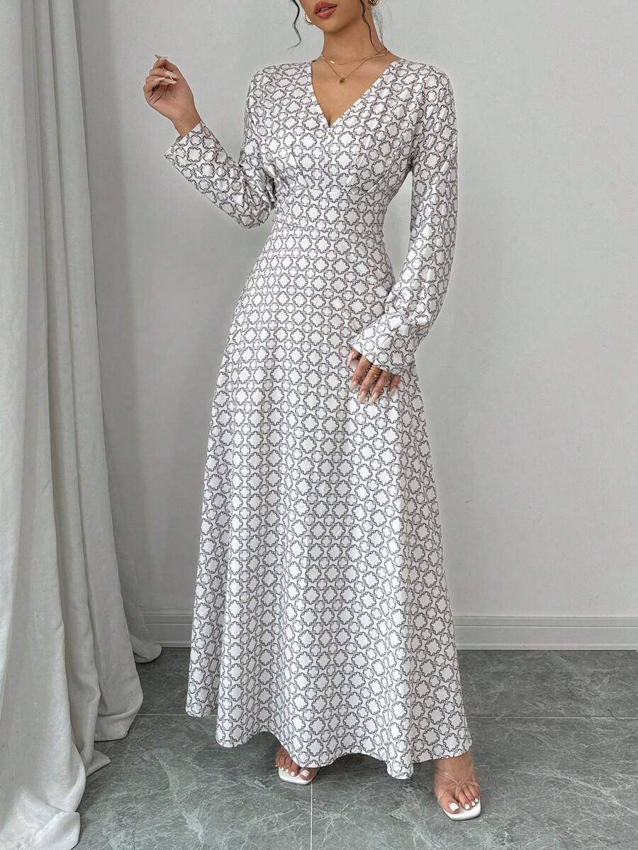 Elenzga Digital Print Waist Cinching Long Sleeve Dress Maxi Women Outfit