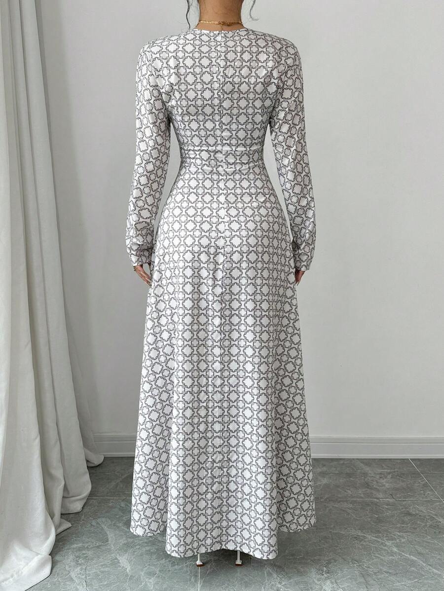 Elenzga Digital Print Waist Cinching Long Sleeve Dress Maxi Women Outfit