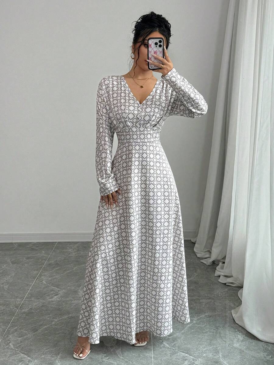 Elenzga Digital Print Waist Cinching Long Sleeve Dress Maxi Women Outfit