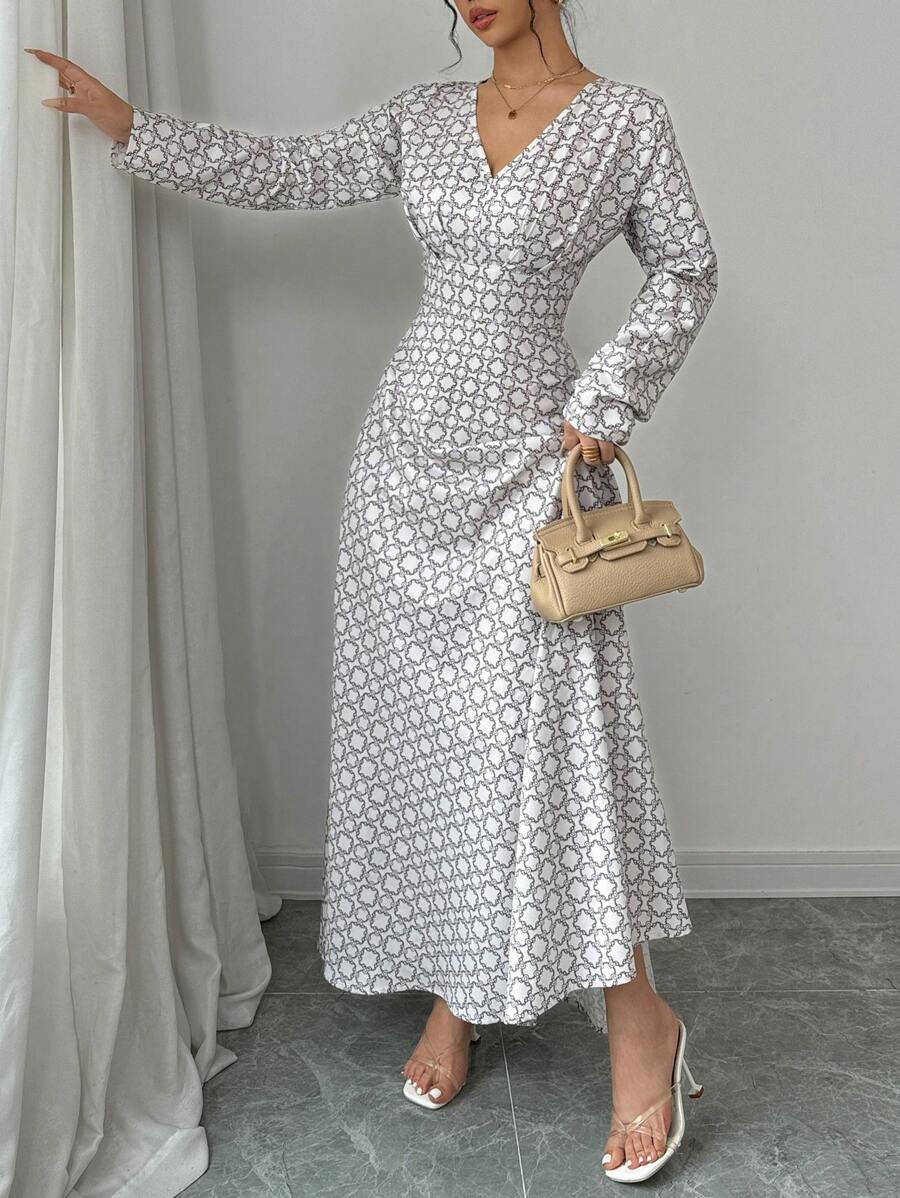 Elenzga Digital Print Waist Cinching Long Sleeve Dress Maxi Women Outfit