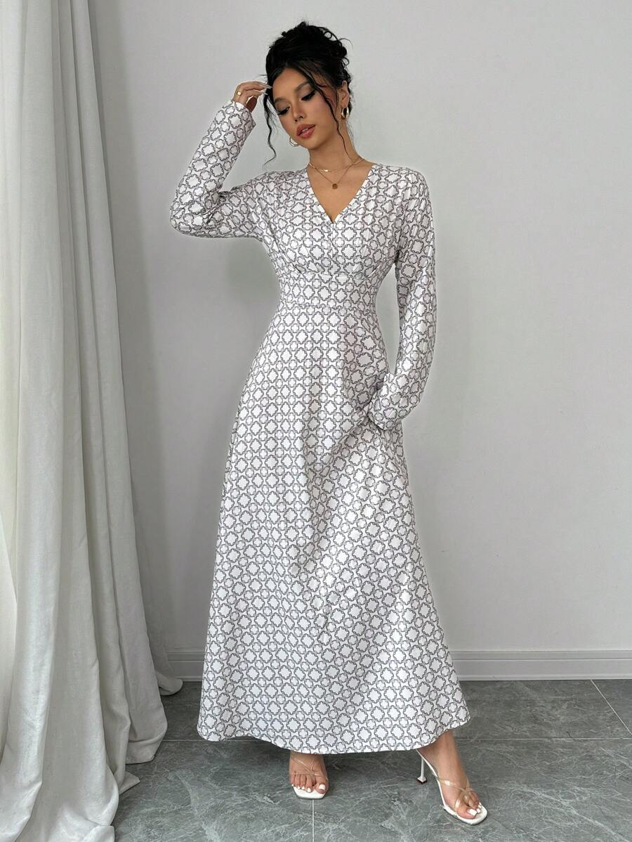 Elenzga Digital Print Waist Cinching Long Sleeve Dress Maxi Women Outfit