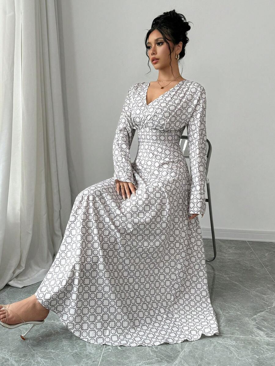 Elenzga Digital Print Waist Cinching Long Sleeve Dress Maxi Women Outfit