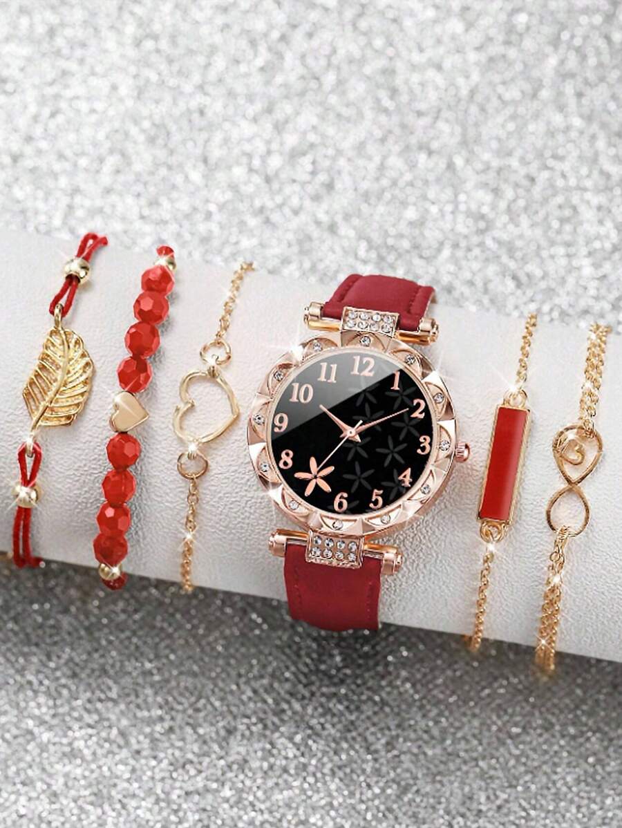1pc Casual Cute Girls Quartz Bracelet Watch, Rhinestone Flower Dial + 6pcs Leaf & Heart Jewelry Set