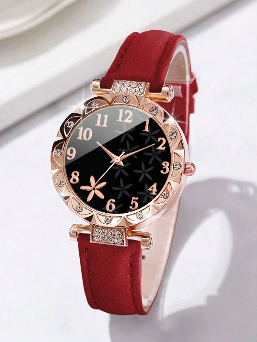 1pc Casual Cute Girls Quartz Bracelet Watch, Rhinestone Flower Dial + 6pcs Leaf & Heart Jewelry Set