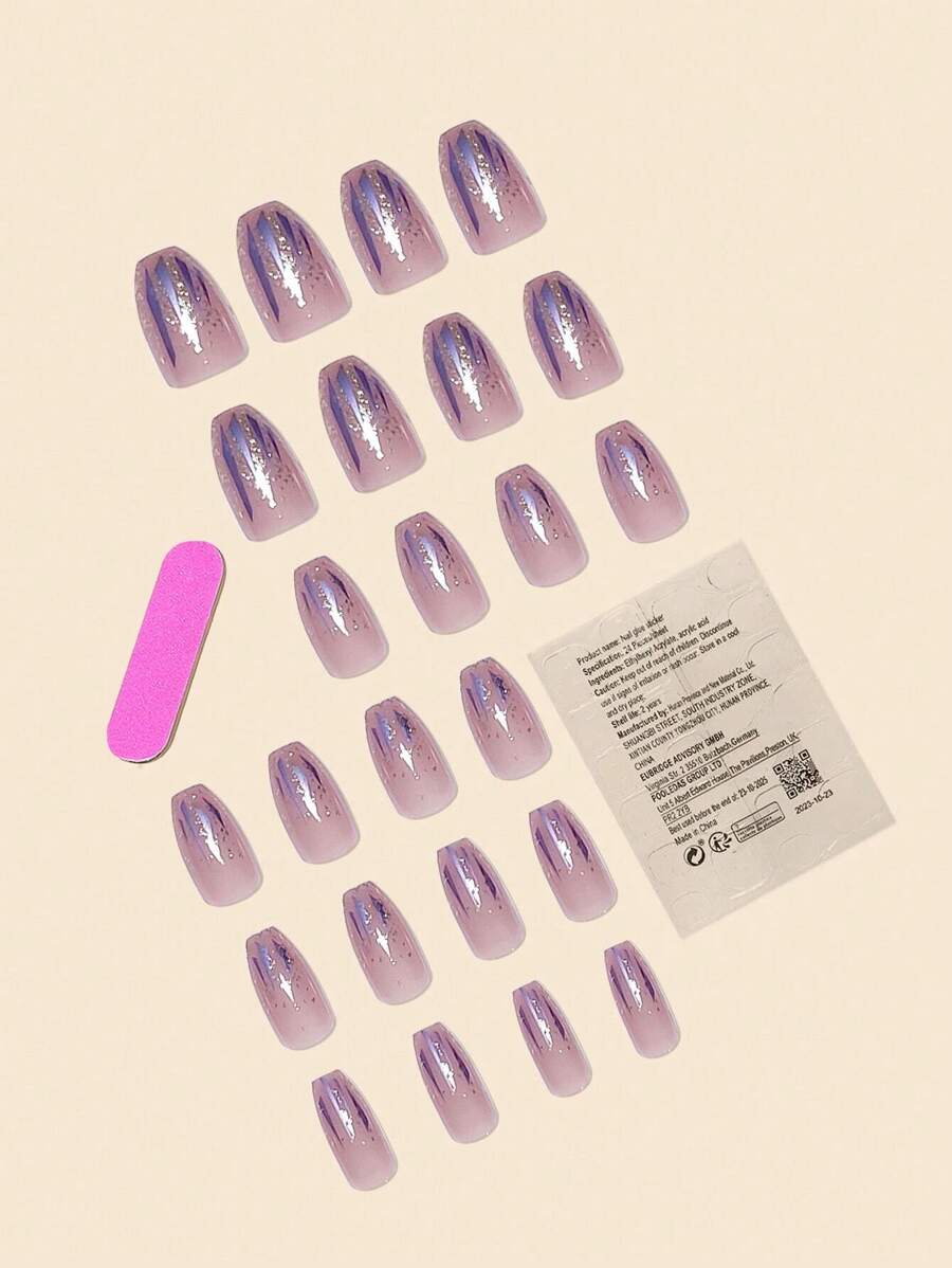 Upgrade Your Look - 24pcs Coffin-Shaped French Sparkly Stars & Stripes Full Cover Wearable False Nails With Jelly Glue & Nail File Set. Suitable For Ladies/Girls To Wear In Parties, Dances, And Various Daily Settings. Press On Nails