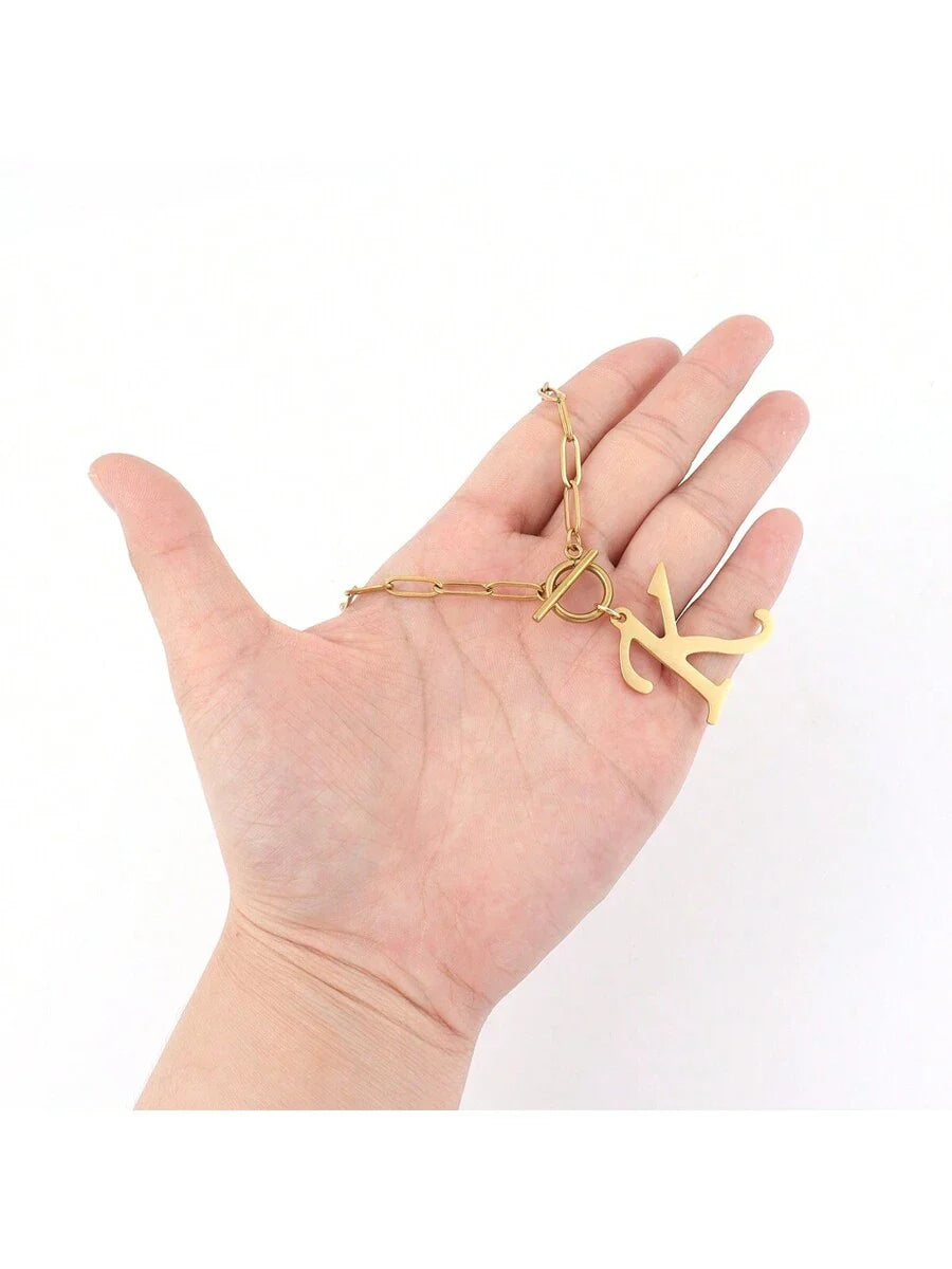 1pc Simple Big Initial Pendant Classic Stainless Steel Toggle Clasps Paper Clip Chain Necklaces For Women