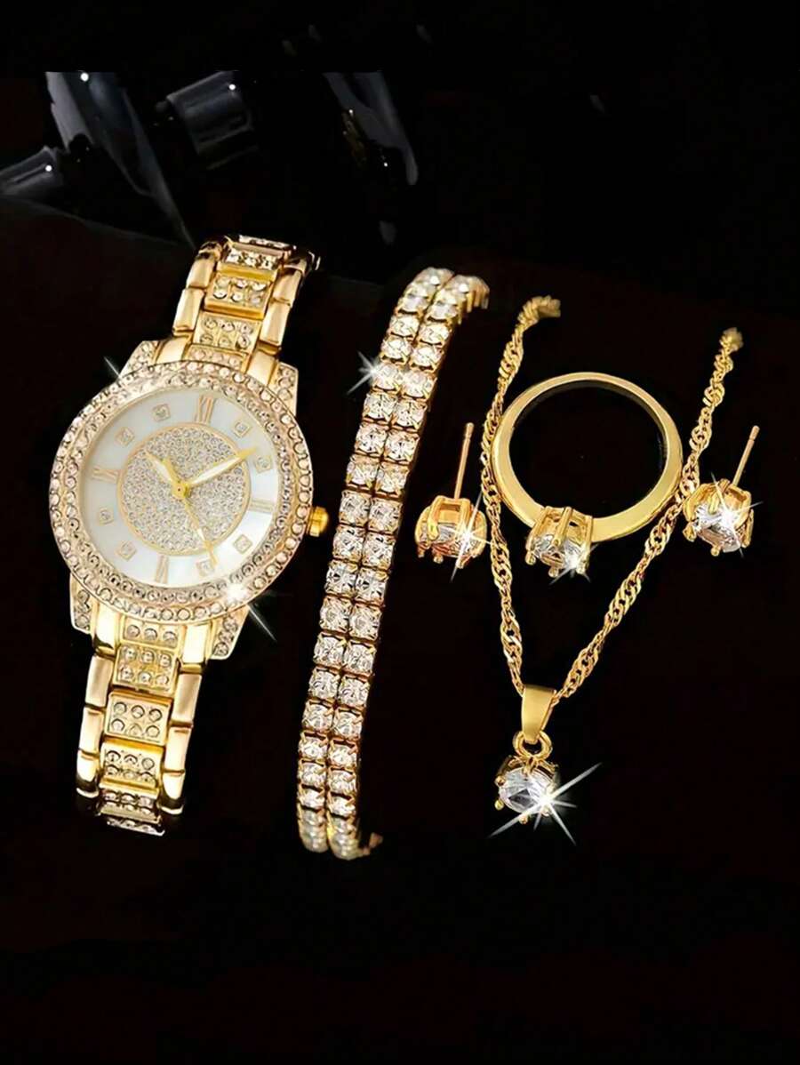 1set Women's Fashion Luxury Watch Set With Bangle, Quartz Watch And 5pcs Rhinestone Accessories