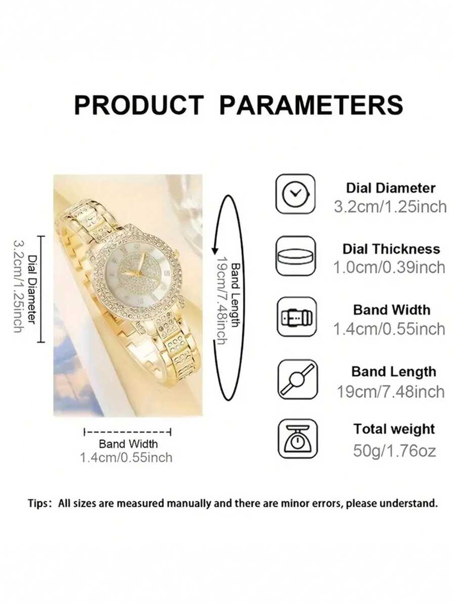 1set Women's Fashion Luxury Watch Set With Bangle, Quartz Watch And 5pcs Rhinestone Accessories