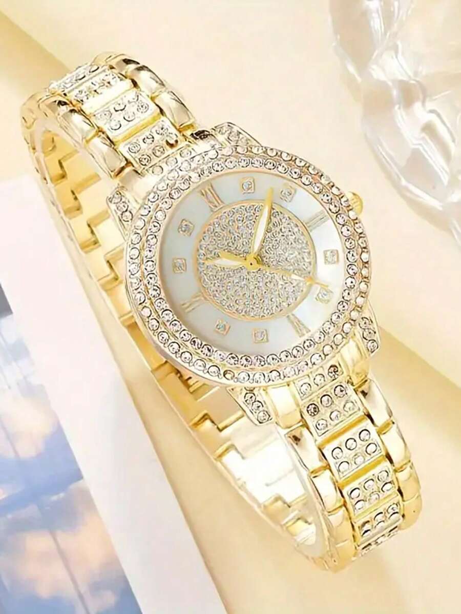 1set Women's Fashion Luxury Watch Set With Bangle, Quartz Watch And 5pcs Rhinestone Accessories