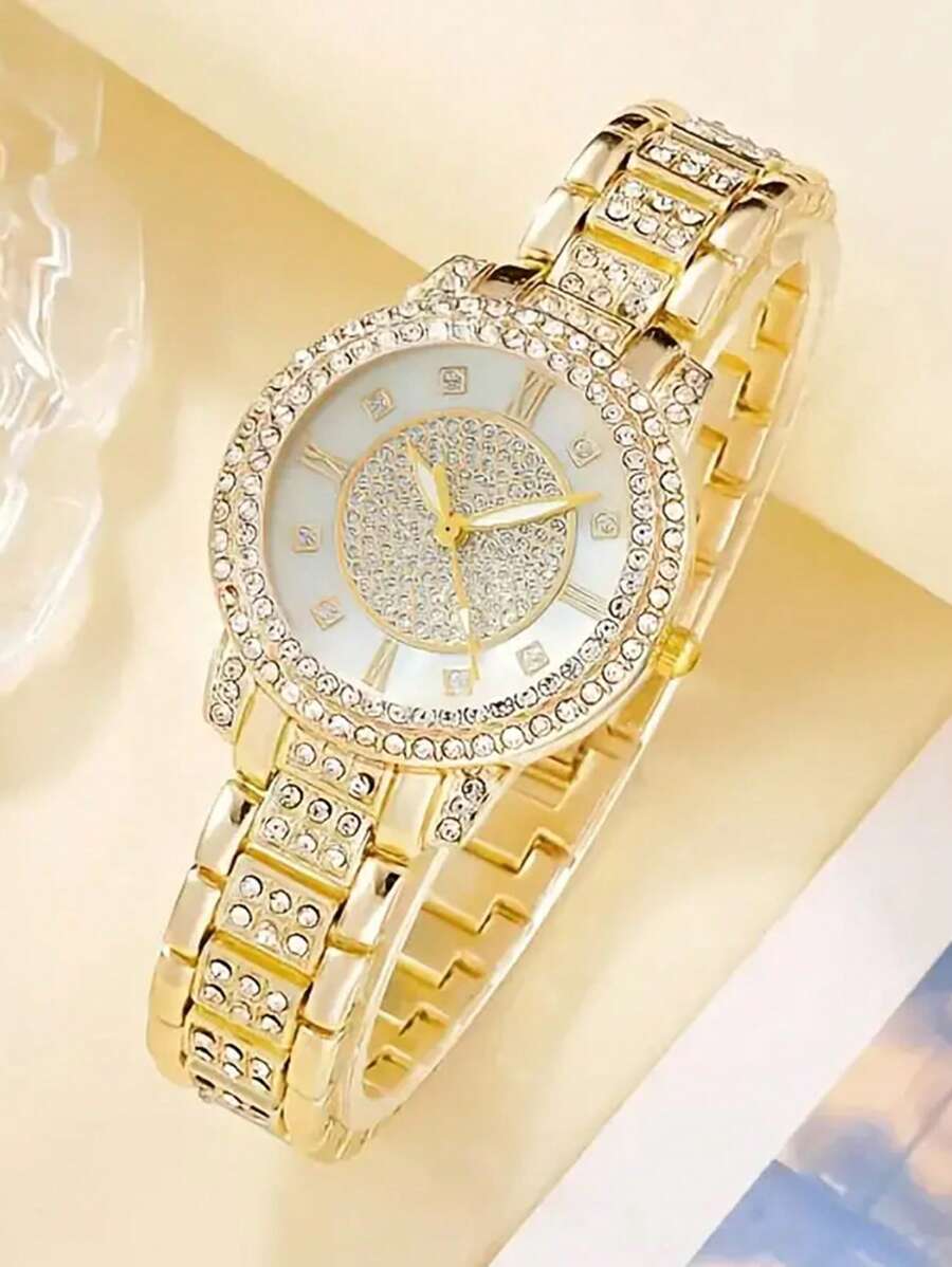 1set Women's Fashion Luxury Watch Set With Bangle, Quartz Watch And 5pcs Rhinestone Accessories