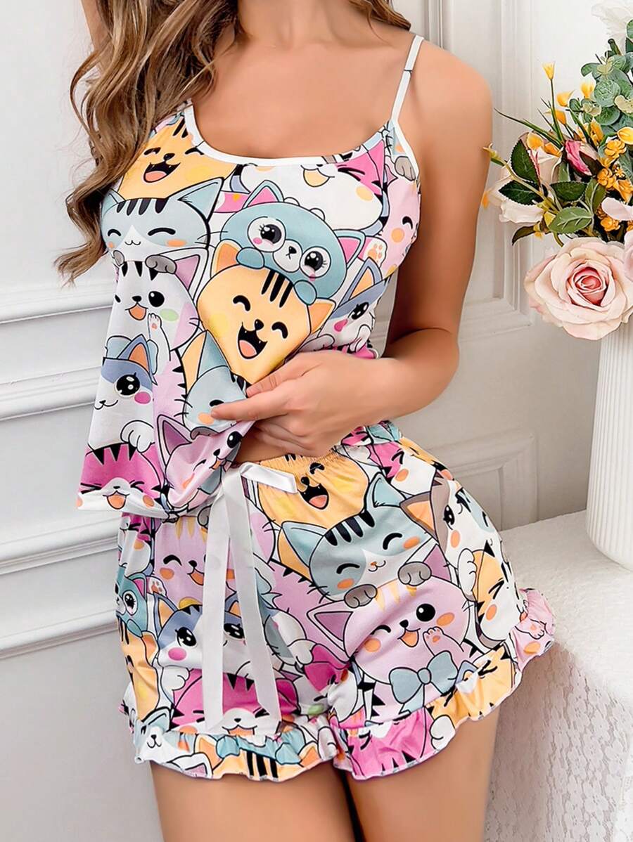 Cute Cat Print Camisole And Shorts Sleepwear Pajama Set For Women