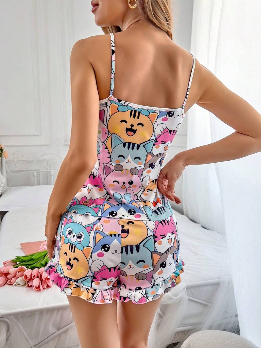 Cute Cat Print Camisole And Shorts Sleepwear Pajama Set For Women
