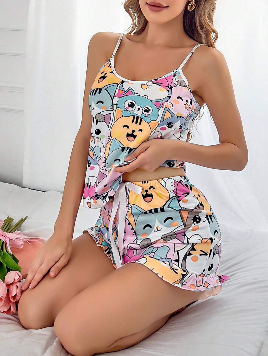 Cute Cat Print Camisole And Shorts Sleepwear Pajama Set For Women