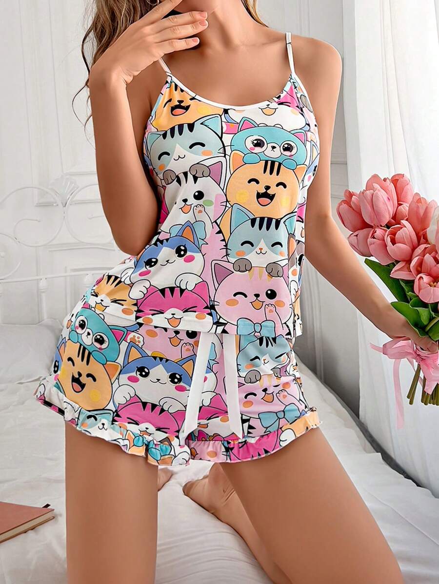 Cute Cat Print Camisole And Shorts Sleepwear Pajama Set For Women