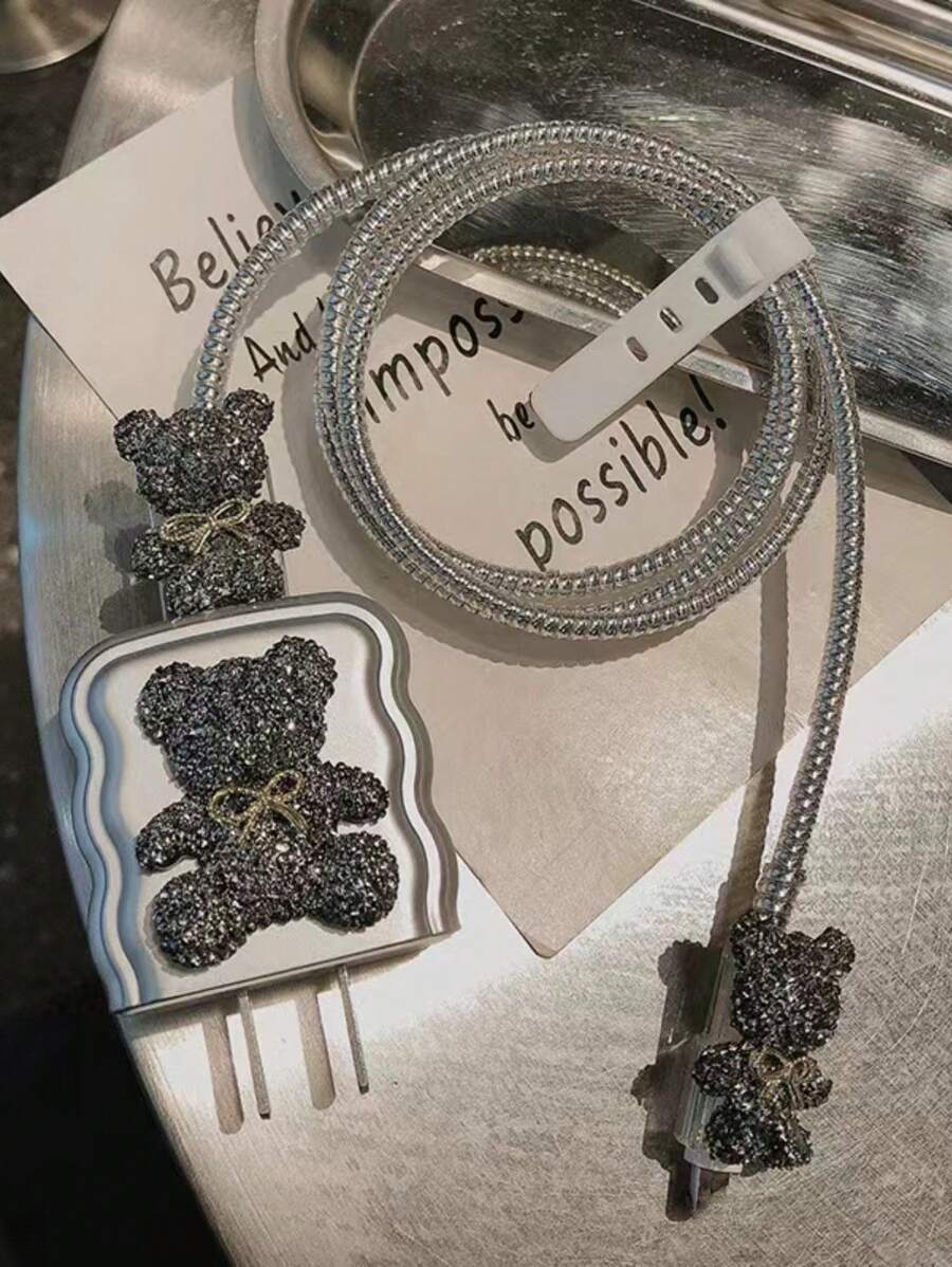 5pcs/Set Teddy Bear Charger Cable Protector Sleeve Soft Case For IPhone 16/15/14, 18/20W Fast Charging Adapter, Anti-Breaking, Gift For Boyfriend/Girlfriend